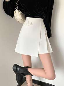 Casual Solid Color Asymmetric Wrap Skirt, Summer White - White - View 2