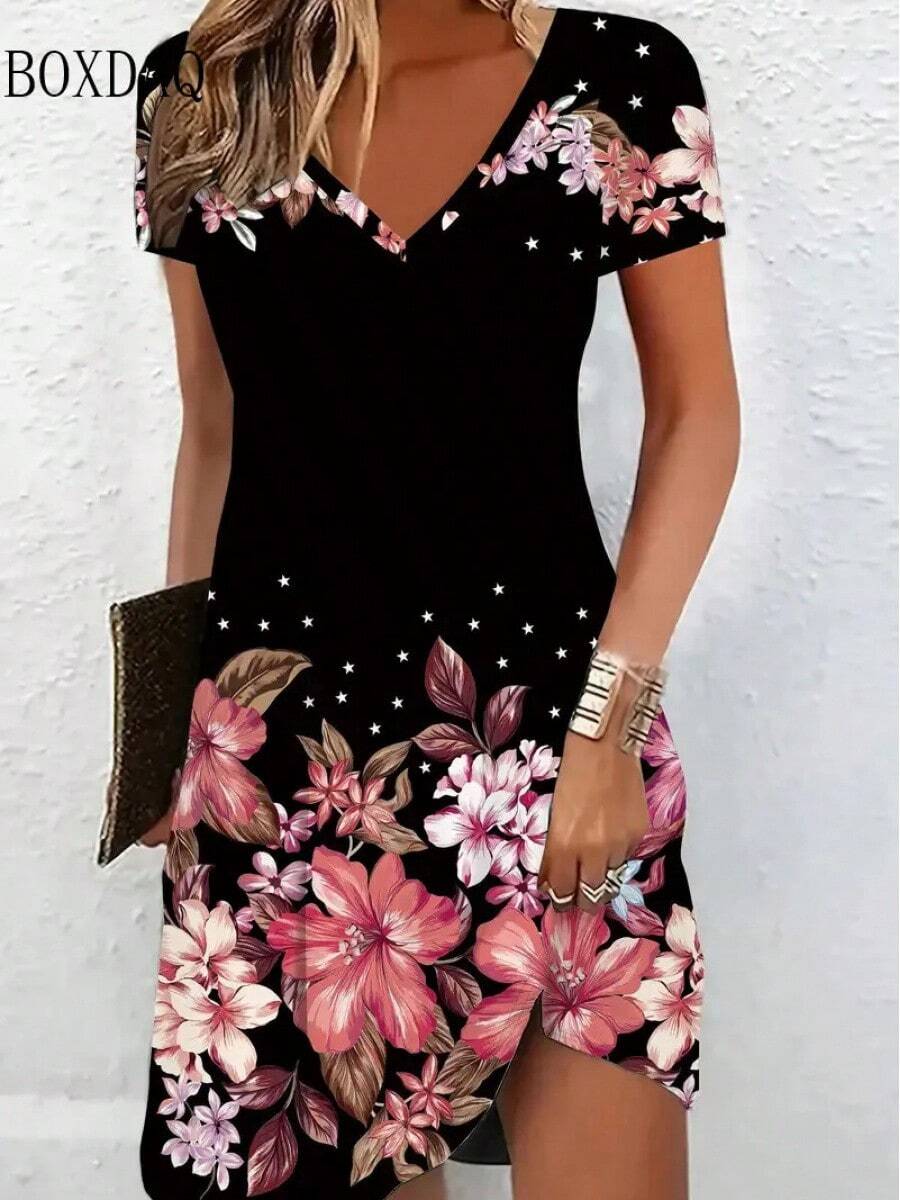 Vestidos Vintage con estampado de flores en 3D para mujer, Vestidos de verano de talla grande de manga corta con cuello en V, vestido informal hasta la rodilla, Vestidos sueltos - HDQ38 - Ver 1