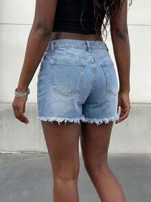 Minimalist Personalized Versatile Daily Vacation Style Women Light Wash Denim Frayed Hem 4-Button Design Shorts Casual Summer - Lavado ligero - Ver 4
