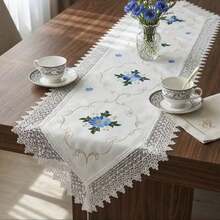 Caminho de Mesa Trilho De Decoração Renda Bordado Bege Diversas Medidas - Azul - Visão 1