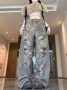 Quần jeans nữ dáng rộng, thoải mái, rách rưới, ống rộng. - Màu sắc cổ điển - Xem 4