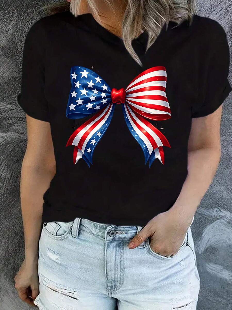 Unisex-T-shirt tillverkad av ren bomull, kortärmad T-shirt för kvinnor med en avslappnad rund halsringning och patriotiskt bandflaggtryck (amerikansk flagga och stjärn-/bandmönster) - Perfekt för självständighetsdagen, Juneteenth, sommar-T-shirts, blusar, enkla toppar, toppar, kreativ design, utomhuslek, cool stil, rolig design, perfekt för utomhuslek - Svart - Visa 1