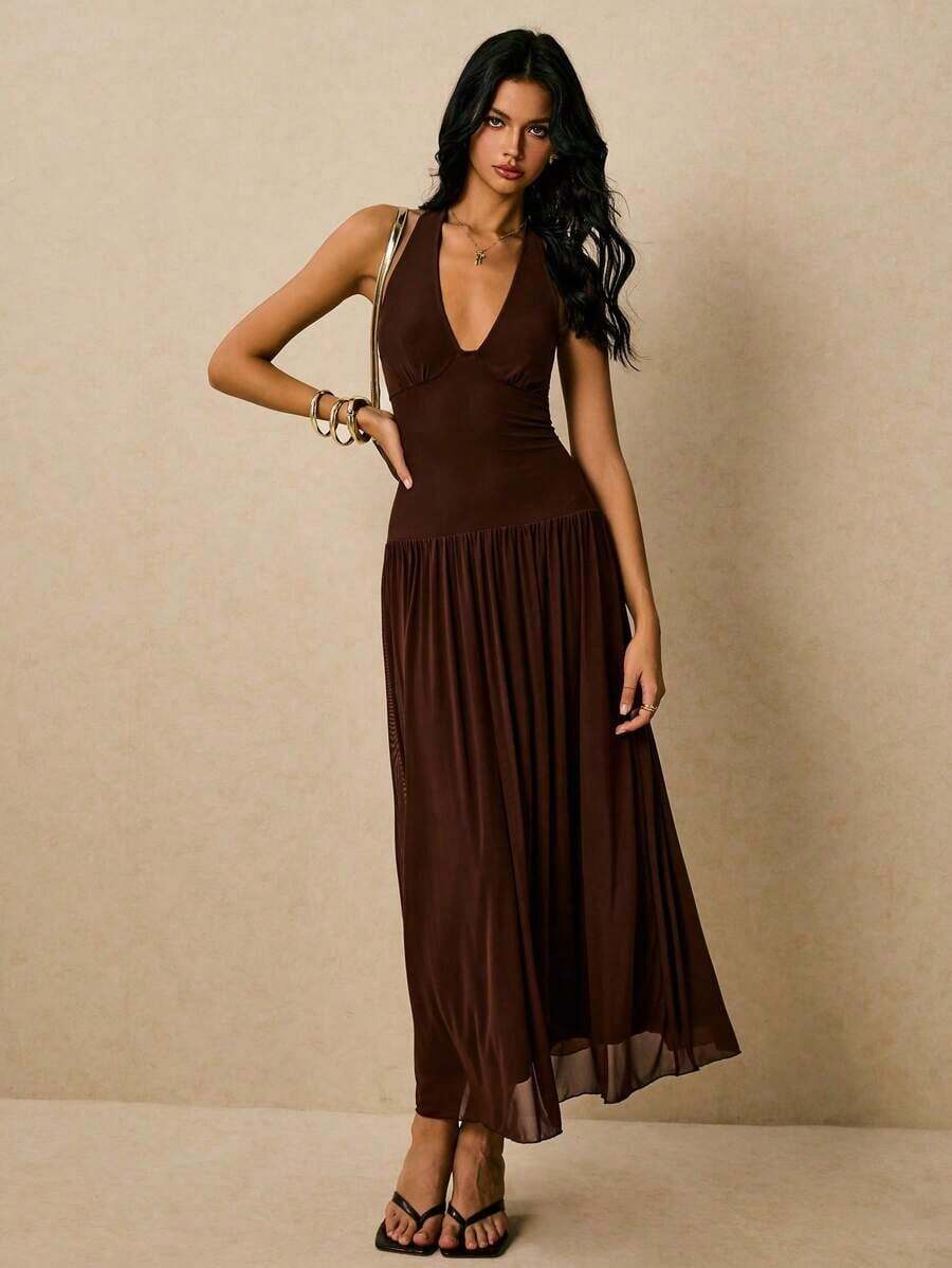 Women's Classic Polka Dot Printed Sleeveless Long Dress Casual Slim Fit Maxi Dress Elegant Summer Outfit For Vacation Beach Wedding Guest Party Daily Casual Wear - 棕色 - 查看 1