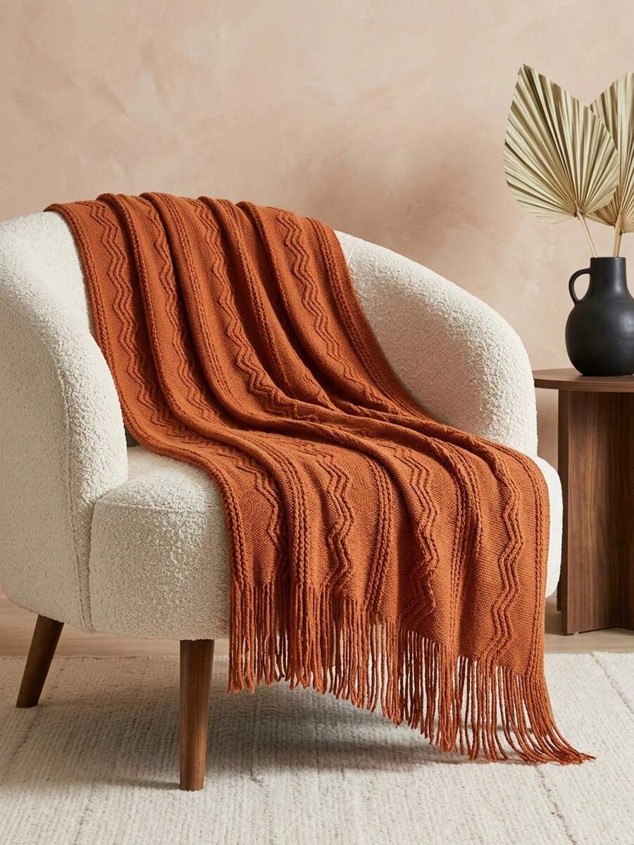 1pc Wavy Pattern Blanket, Nordic Style Acrylic Rectangular Tassel Solid Color Sofa Cover Blanket, Bedding Decor Throw Rug, Nap Blanket, Knitted Blanket - Vertical Three-bend Caramel - View 1