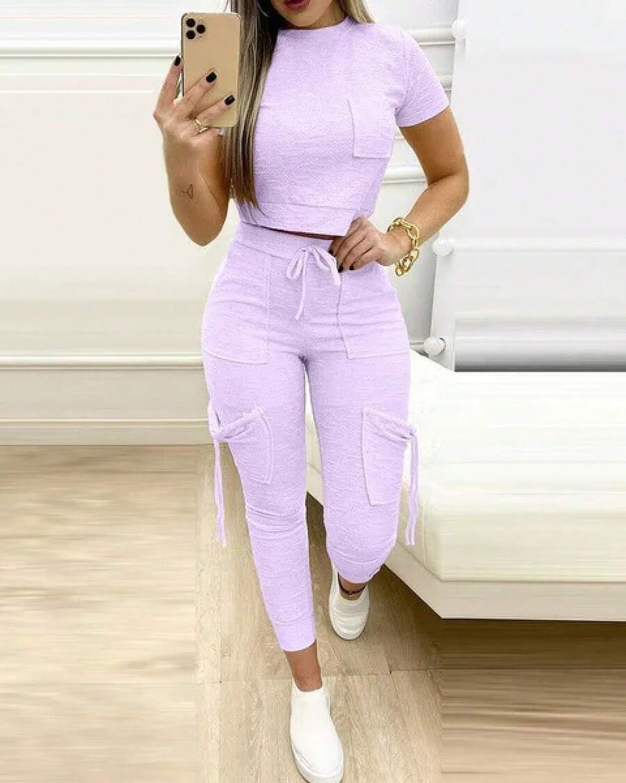 Conjunto ajustado de dos piezas de Color sólido para mujer, camiseta recortada, pantalones largos ajustados, conjuntos de bolsillo con cordones para mujer, ropa deportiva para primavera y verano 2023 - Morado - Ver 1