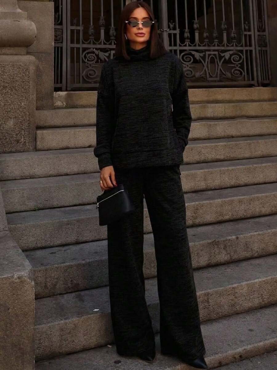 Women's Set Including A Turtleneck Long-Sleeved Blouse With High-Waisted Wide-Leg Trousers In Premium Ribbed Knit - Suitable For Cold Winters, Elegant Tailoring, Comfortable Turtleneck, Wide Leg, Casual Everyday Wear, Warm Black. - 黑色 - 查看 1