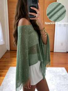Vestido de playa casual con hombros descubiertos, con flecos y lentejuelas, para vacaciones y verano - Verde - Ver 3
