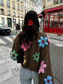 Plus Size 2026 Autumn/Winter Soft Wool Knit Cardigan, Slouchy Jacket With Colorful Floral Embroidery - Brown - View 2