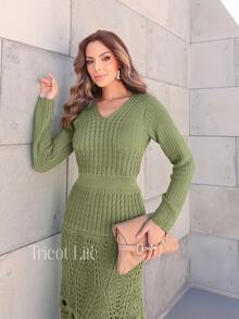 Elegant Midi Dress In Lace Knit With Lined Detail, V-Neck, Modest Fashion, Short Sleeves, Premium Style For Parties - 橄欖綠 - 查看 5