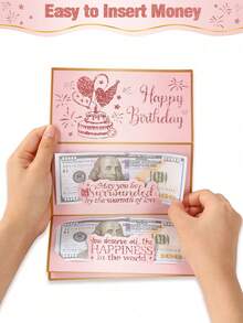 1組黑粉金生日快樂摺疊現金卡附信封，紙鈔摺疊卡，生日週年驚喜現金禮物，派對裝飾與創意金錢禮品小物 - 粉紅金 - 查看 10