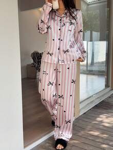 女款緞面甜美條紋蝴蝶結印花鈕扣開襟領口袋四季長袖長褲睡衣家居服套裝 - 粉色 - 查看 6