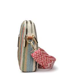 New Fashion Woven Texture Crossbody Bag, Colorblock Striped Straw Woven Bag, Bohemian Style Adjustable Shoulder Strap, Suitable For Beach, Travel, Vacation - Blue - View 7