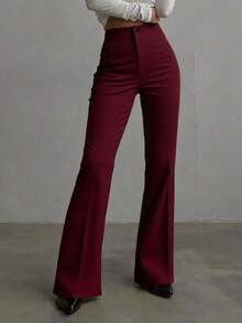 Pantalones rectos de talle alto de color negro sólido, elegantes y casuales, adecuados para uso diario, oficina, traslados, hogar, citas, pequeñas fiestas, eventos sociales ligeros en primavera - Burdeos - Ver 1