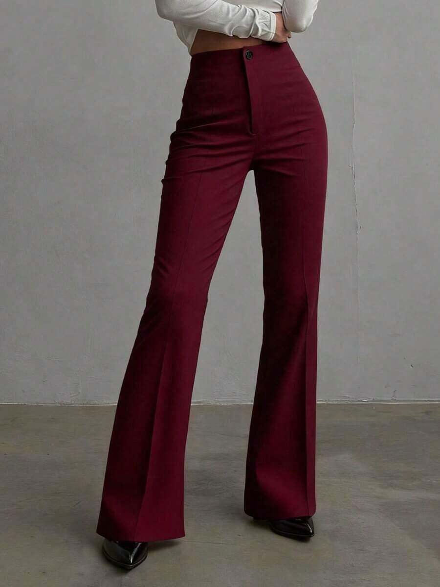 Pantalones rectos de talle alto de color negro sólido, elegantes y casuales, adecuados para uso diario, oficina, traslados, hogar, citas, pequeñas fiestas, eventos sociales ligeros en primavera - Burdeos - Ver 1