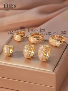 Hihho 3 Pairs Of Fashionable Gold-Tone Cubic Zirconia Hoop Earrings Set, Featuring 3 Different Styles Of Copper Plated Gold + Zirconia Earrings, Providing Layered Designs And Secure Wear, Luxurious And Accessories Suitable For Various Occasions - Yellow Gold - View 9