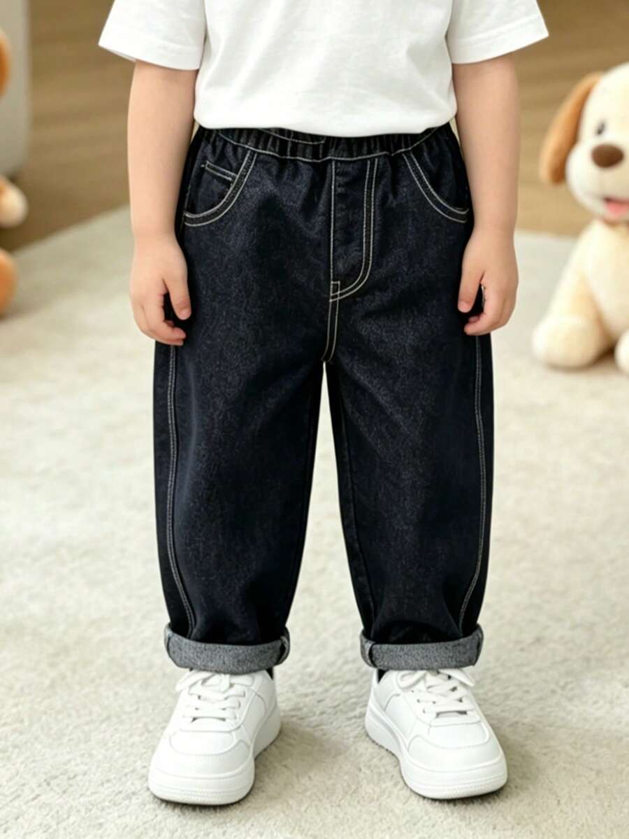 幼儿/小男孩纯色休闲牛仔裤,适合日常、上学、户外穿着,夏季 - 藍色 - 查看 1