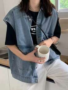 Áo khoác denim nữ, kiểu dáng thời trang, áo khoác không tay dáng rộng cho mùa thu. - Màu xanh lam - Xem 5