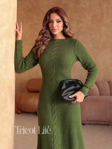 Women's Midi Dress In Mousse Knit, Long Sleeves With Braided Detail, Fitted Waist, Elegant, Winter, Premium, Casual, Party, Work, Travel - 軍綠色 - 查看 4