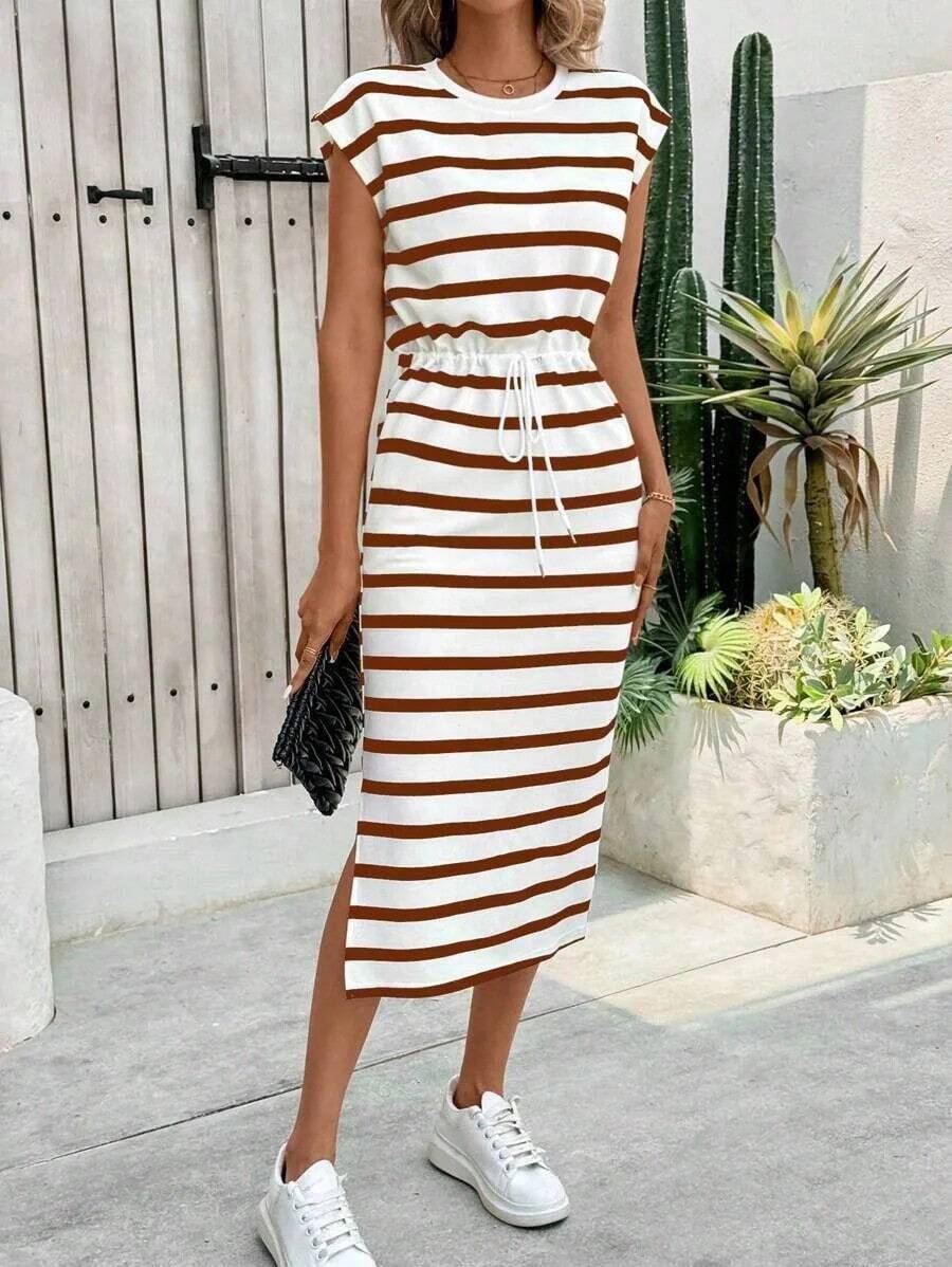 Vestido Casual de Moda para Mujer, con Rayas Blancas y Negras, Cuello Redondo, Vestido Blanco, Vestido de Verano - Marrón - Ver 1