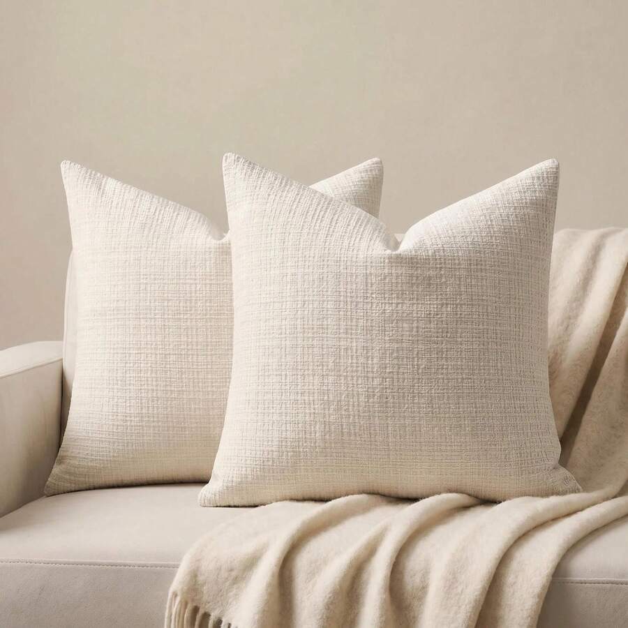 1 buah Sarung Bantal Campuran Linen Beige-Abu-abu Netral Ukuran 20x20 Inci, Sarung Bantal Tenun Bertekstur Warna Polos Ukuran 18x18 Inci, Dekorasi Rumah Minimalis Modern untuk Ruang Tamu, Sofa, Kursi, dan Tempat Tidur. - Putih - View 1