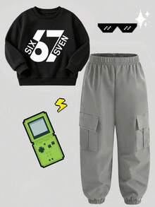 Baby Boy Letter & Number Print Long Sleeve Sweatshirt And Cargo Pocket Long Pants Set - Black - View 3