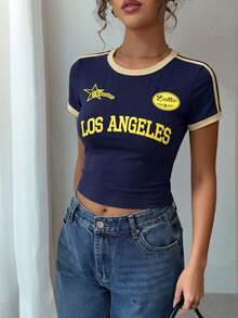 Áo croptop phong cách sinh viên Los Angeles, áo thun thường ngày mang hơi hướng retro Y2K, in chữ thể thao, áo tay ngắn thoải mái phong cách đường phố mùa hè. - Màu xanh hải quân - Xem 7