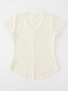 Sweet V-Neck Lace Patchwork Knit Top, Korean Design Slim Fit Short Sleeve T-Shirt For Summer White - White - View 6