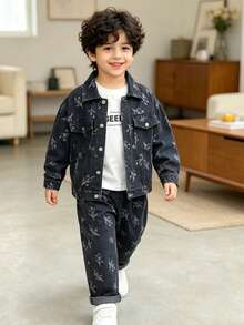 Bộ 2 món áo khoác denim và quần cho bé trai, phù hợp mặc thường ngày, đi học và hoạt động ngoài trời - Xám - Xem 4