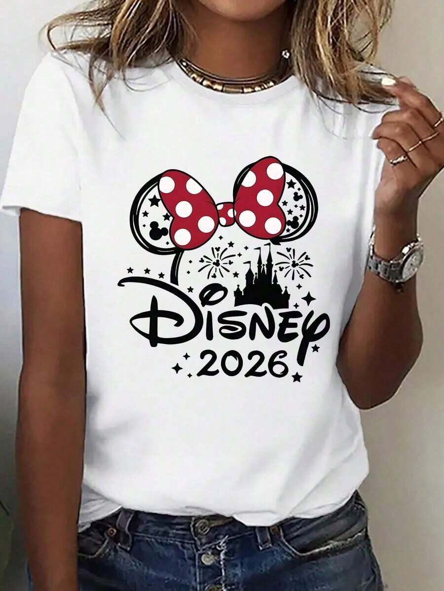 (Loose Version)Cute Women's Disney 2026 Castle Graphic Short Sleeve Round Neck Cotton T-Shirt Regular Fit Short-Sleeved Round Neck Casual Shirt, Suitable For Summer And Spring, Holiday Gift Party Clothing, Ladies Clothing. -- Disneys Disneyland Paris The Magic Kingdom Disneyesque The House Of Mouse Mickey Mouse Empire Modest Summer Outfits Take That T Shirt Summer Coord Tops For Women Summer Summer Clothes Women Summer Clothes Summer Tops Summer Tops Women Summer Co Ord Summer Top Summer Outfits White Top Black Top Holiday Outfits For Women  Tops For Women Summer Holiday Gifts Valentine's Day Gifts Earth Day Gifts Oktoberfest Gifts Summer Bank Holiday Gifts - White - View 1