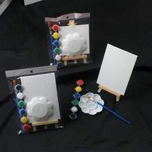6件組迷你繪畫套裝，含畫布、調色盤、畫筆、木製畫架、6色壓克力顏料，適合繪畫、壓克力滴畫、油畫與濕法繪畫，DIY迷你家居裝飾 - 套裝 - 查看 2