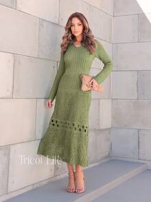 Elegant Midi Dress In Lace Knit With Lined Detail, V-Neck, Modest Fashion, Short Sleeves, Premium Style For Parties - 橄欖綠 - 查看 1