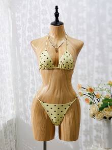 Bộ bikini nữ Xuân/Hè 2026, kiểu Pháp cổ điển chấm bi đen trắng, kết hợp với quần lưới ống rộng gợi cảm và thanh lịch, phụ kiện khăn trùm đầu thời trang, trang phục đi biển và đồ bơi dành cho nữ, thích hợp cho kỳ nghỉ biển và tiệc bể bơi. - Màu vàng - Xem 6