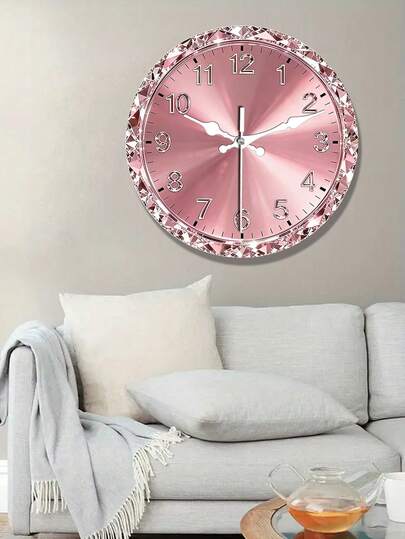 1pc 2D Flat Romantic Pink Luxury Rhinestone Wall Clock, Suitable For Bedroom, Living Room, Office Decor, Size 10/12 Inches (Batteries Not Included)