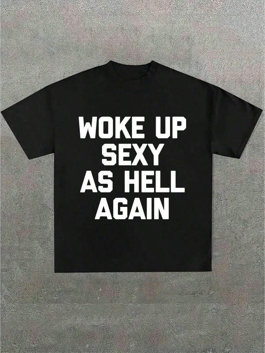 Camiseta Vintage con Estampado "ME DESPIERTÉ SEXY OTRA VEZ", Casual, Suave, de Manga Corta, 100% Algodón, 220gsm, Moda - Negro - Ver 1