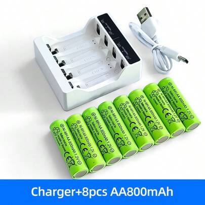 套装（充电器+电池），1.2V 镍氢可充电 AA 和 AAA 电池 + N411 充电器，可充电和重复使用，800mAh AA 电池 x4 节和 600mAh AAA 电池 x4 节组合，带 5V 2A USB 快速充电 AA AAA 充电器，家用电子配件必备入门套件。