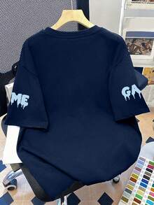 1 pieza Camiseta de manga corta de cuello redondo con estampado de control de videojuego casual para niños, ropa de verano para estudiantes adolescentes - Azul Marino - Ver 4