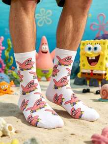 SpongeBob SquarePants 1 đôi tất nam màu trắng in hình sao biển hoạt hình, tất ngộ nghĩnh và thoải mái để mặc hàng ngày. - Nhiều màu - Xem 5