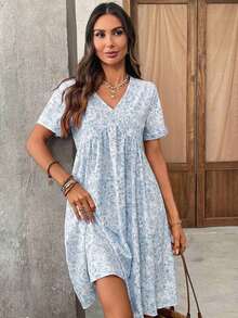 Vestido corto de manga corta minimalista de unicolor para mujer, uso casual de todos los días - Azul - Ver 3