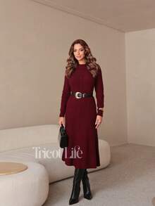 Women's Midi Dress In Mousse Knit, Long Sleeves With Braided Detail, Fitted Waist, Elegant, Winter, Premium, Casual, Party, Work, Travel - 勃根地 - 查看 9
