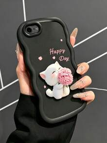 1pc Cute Bouquet Cat Printed Macaron Phone Case - Black - View 5