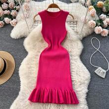 Vestido Sexy ajustado de punto de verano 2026, vestido veraniego de fiesta con volantes sin mangas y cuello redondo, Vestido corto ajustado elástico de calle alta - Rosa Roja - Ver 4