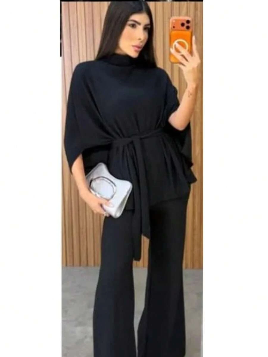 Women's Set: Batwing Sleeve Blouse, Wide-Leg Pants, And Belt - màu đen - Xem 1