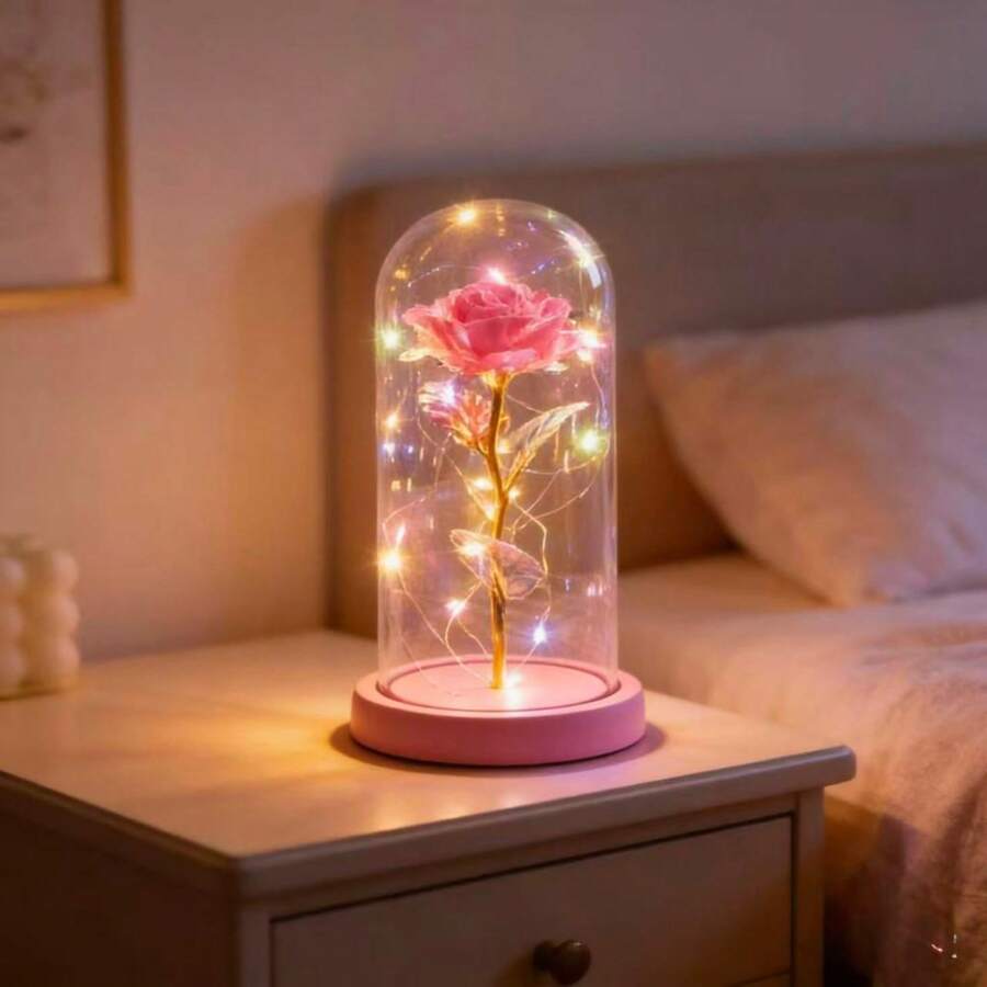 Enchanted Rose With LED Light And Glitter Decorative Flower With Acrylic Dome - 粉色 - 查看 1