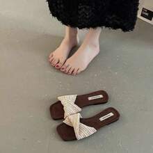 Sandal Selop Tenun Sol Tebal Ujung Persegi Bergaya Prancis untuk Wanita, Sandal Platform Wedges Chic untuk Liburan - Krem - View 6