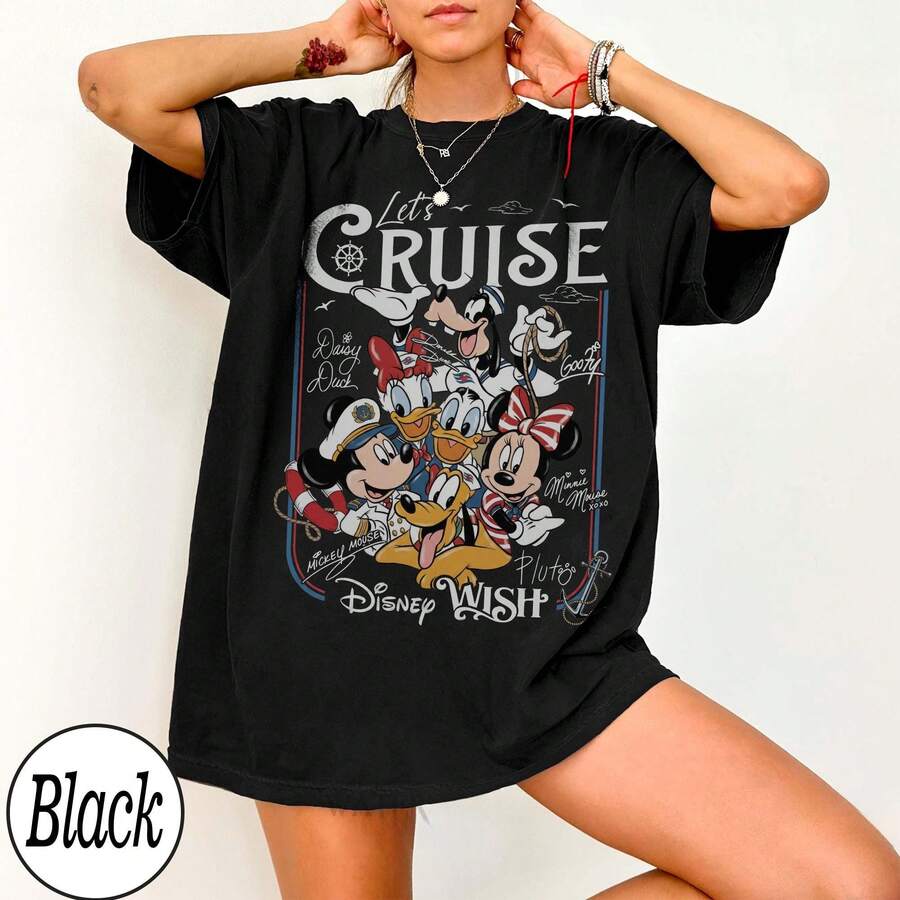 Disney Women's Custom Cruise Line Shirt, Mickey & Friends Family Cruise 2026 Matching Tee, Disney Wish Magic Vacation Top - 黑色 - 查看 1