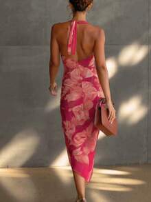 2026 New Arrival Hot Pink Floral Halter Neck Midi Dress, Ruched Bodycon High Slit Sleeveless Party & Date Night Outfit - 玫紅色 - 查看 2