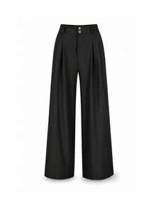 Women's Casual High Waist Wide Leg Pants With Pockets - Hitam - View 6