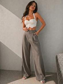 Women's Casual High Waist Wide Leg Pants With Pockets - Grey - View 4