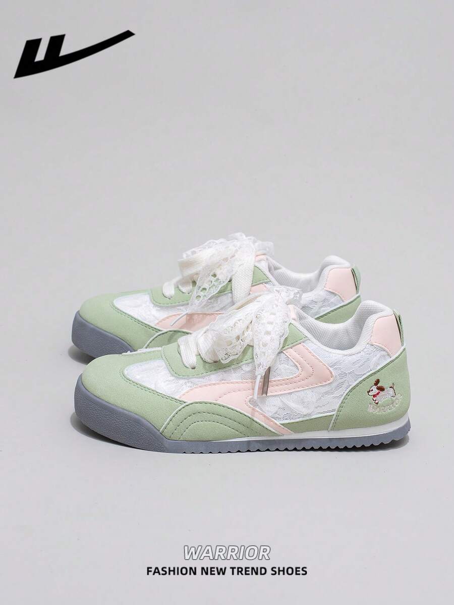 WARRIOR Women's Thick Sole Lace-Up Soft Bottom Casual Sneakers, Low-Top Flat Outdoor Shoes, Summer Commuter Shoes, Round Toe Elegant Soft Sole Hiking Shoes, Suitable For Students Graduation Photo, Women's Low-Top Microfiber Sports Skateboard Shoes - Green/Beige/Pink - View 1