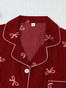 2pcs Comfortable Striped Bow Print Short Sleeve Top And Bow Tie Pants Women Pajama Set, Loungewear - Red - View 3